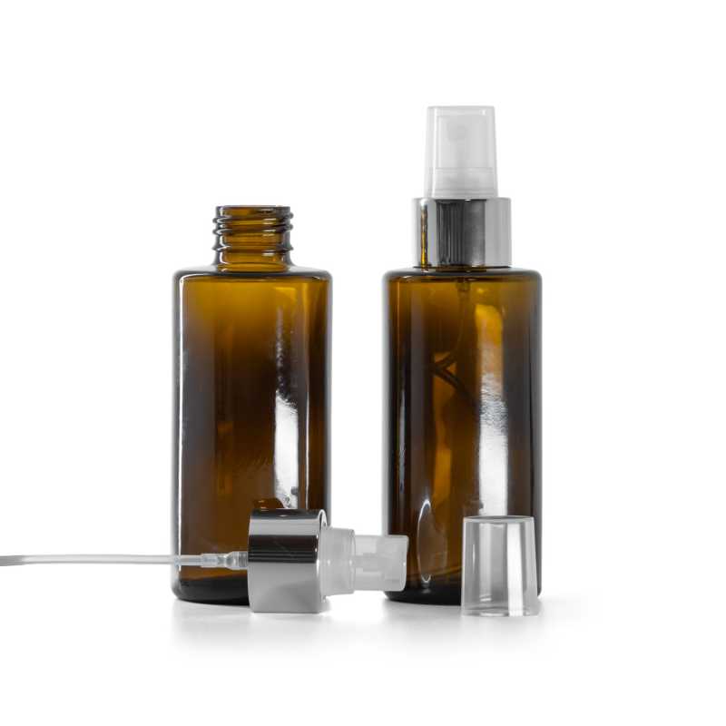 Amber Glass Bottle, Straight Top, 24 mm, Transparent Spray with Glossy Silver Collar, 100 ml