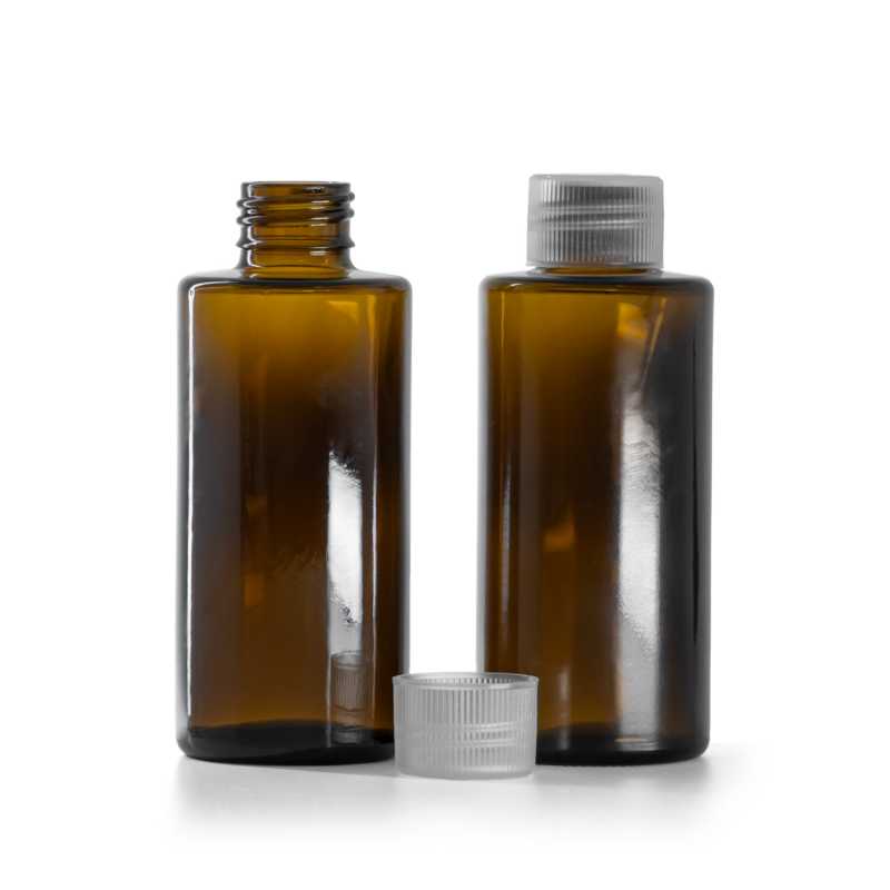 Amber Glass Bottle, Straight Top, 24 mm, Transparent Cap, 100 ml