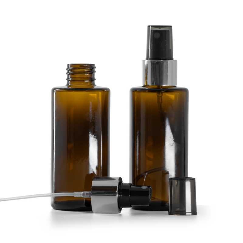 Amber Glass Bottle, Straight Top, 24 mm, Black Spray with Glossy Silver Collar, 100 ml