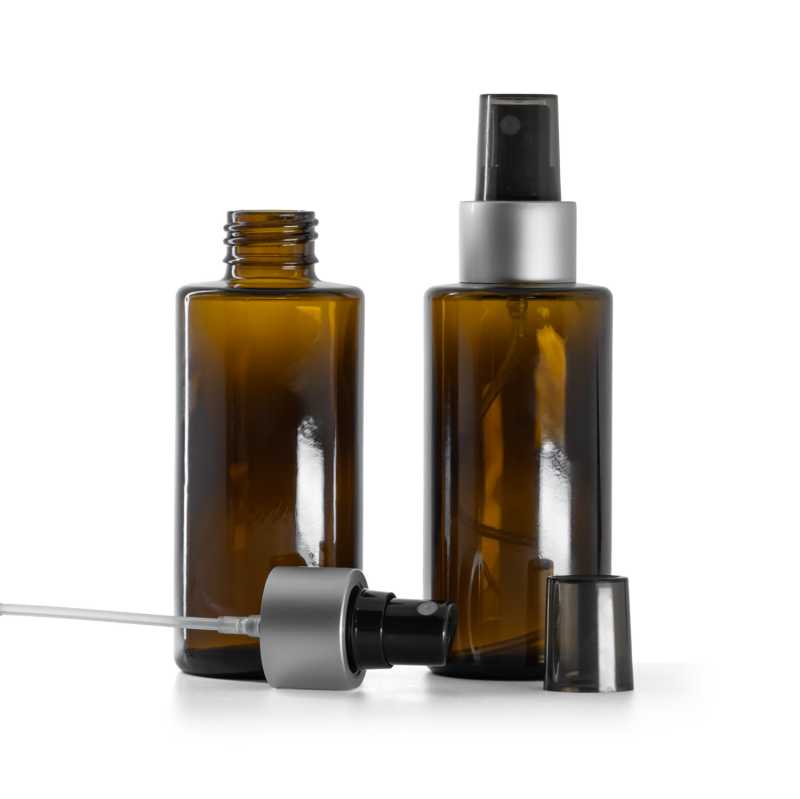 Amber Glass Bottle, Straight Top, 24 mm, Black Spray, Matte Silver Collar, Smoky Overpcap, 100 ml