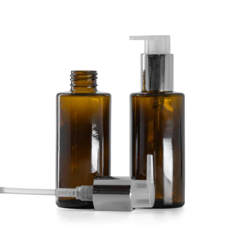 Amber Glass bottle, straight top, 24 mm, Silver Pump, 100 ml