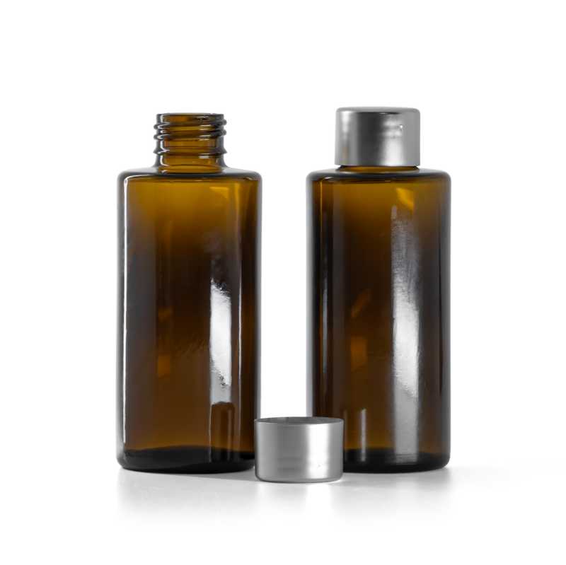 Amber Glass Bottle, Straight Top, 24 mm, Silver Cap, 100 ml