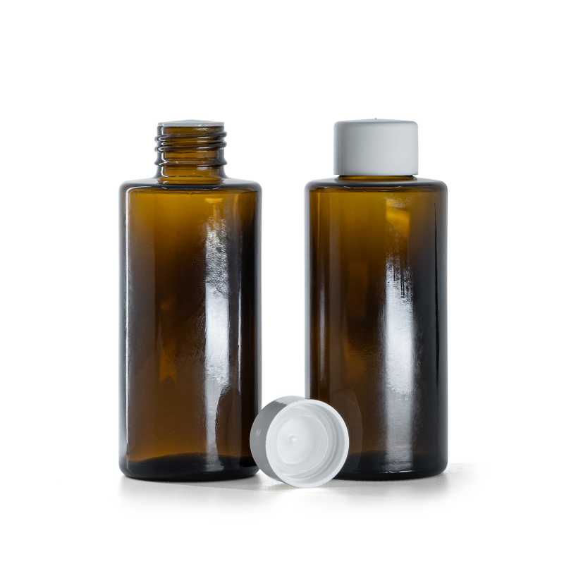 Amber Glass Bottle, Straight Top, 24 mm, Smooth White Cap With Reducer, 100 ml
