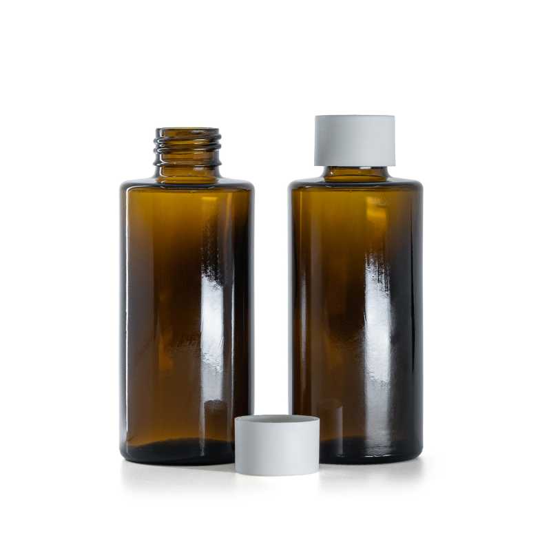 Amber Glass Bottle, Straight Top, 24 mm, Matte White Cap, 100 ml