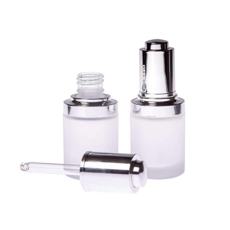 Luxury bottle made of milk thick glass. Ideal for skin oils, serums, etc. The top of the bottle is a glass pipette. The liquid is drawn into it by pressing the 