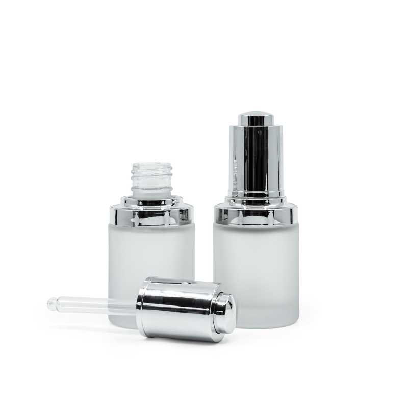 Frosted Glass Bottlee, Shiny Silver Push Dropper, 30 ml