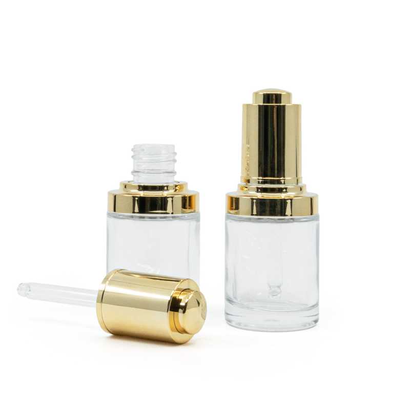 Clear Glass Bottle, Shiny Gold Push Dropper, 30 ml