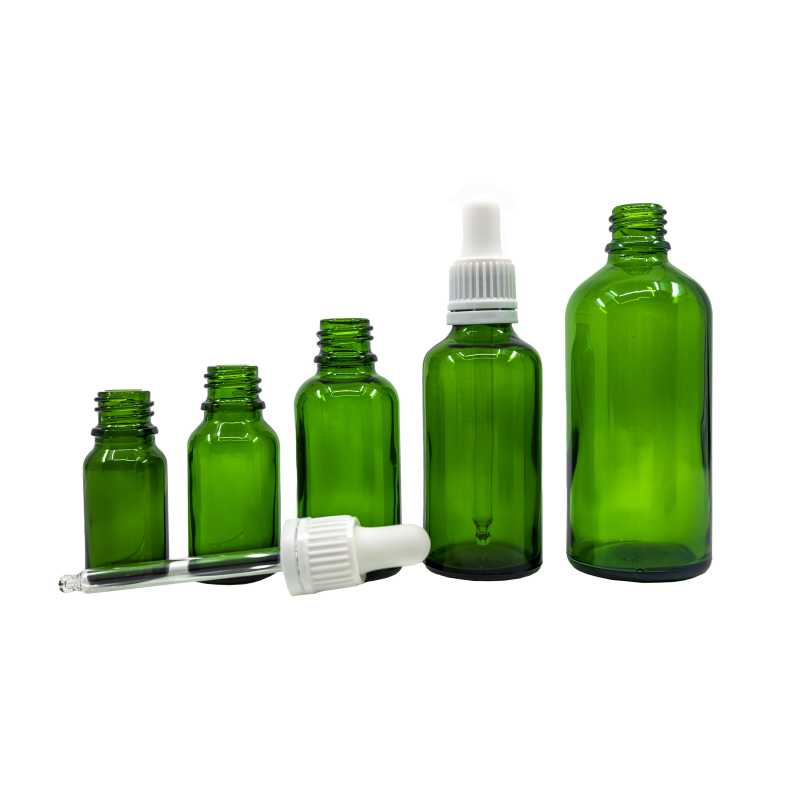 Green Glass Bottle, White Dropper, 15 ml