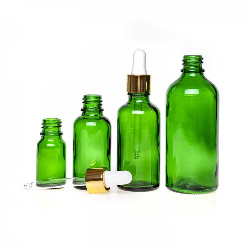 Green Glass Bottle, Gold White Dropper, 30 ml