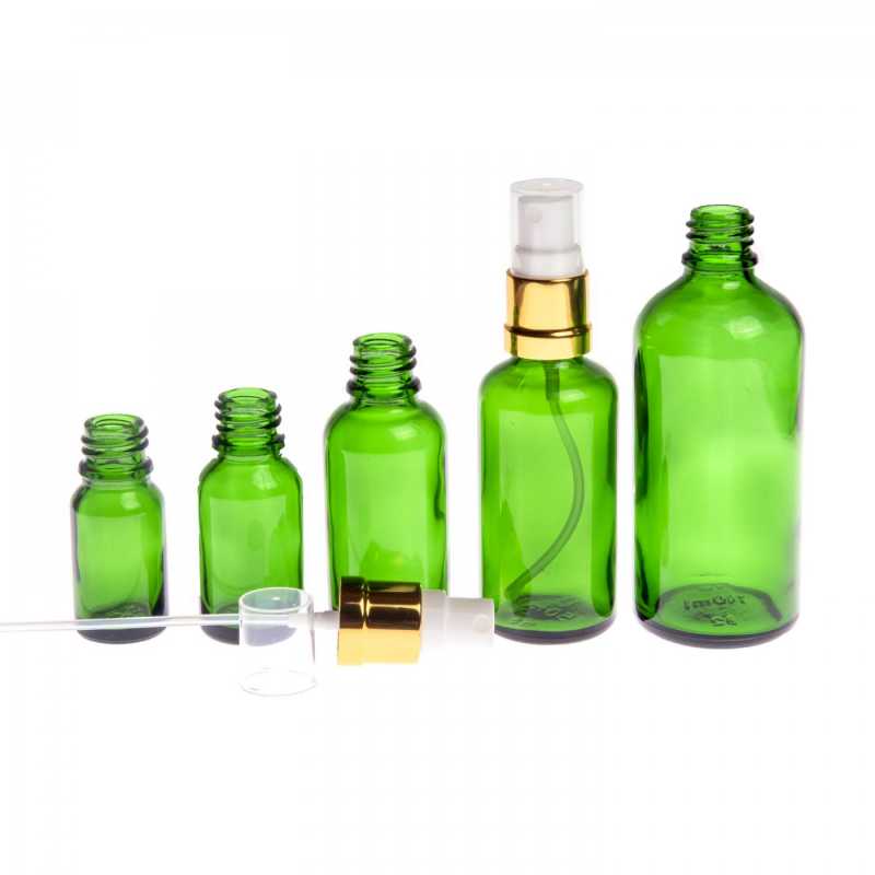 Green Glass Bottle, Glossy Gold White Spray, 50 ml