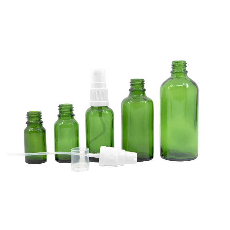 Green Glass Bottle, White Lotion Pump, 10 ml