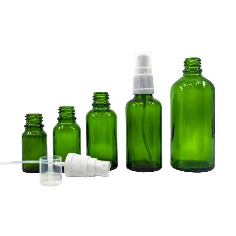 Green Glass Bottle, White Spray, 15 ml