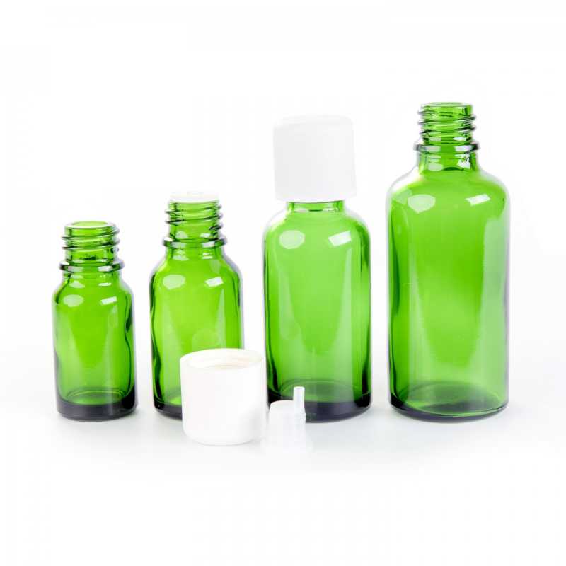 Green Glass Bottle, White Safety Cap & Dropper, 15 ml