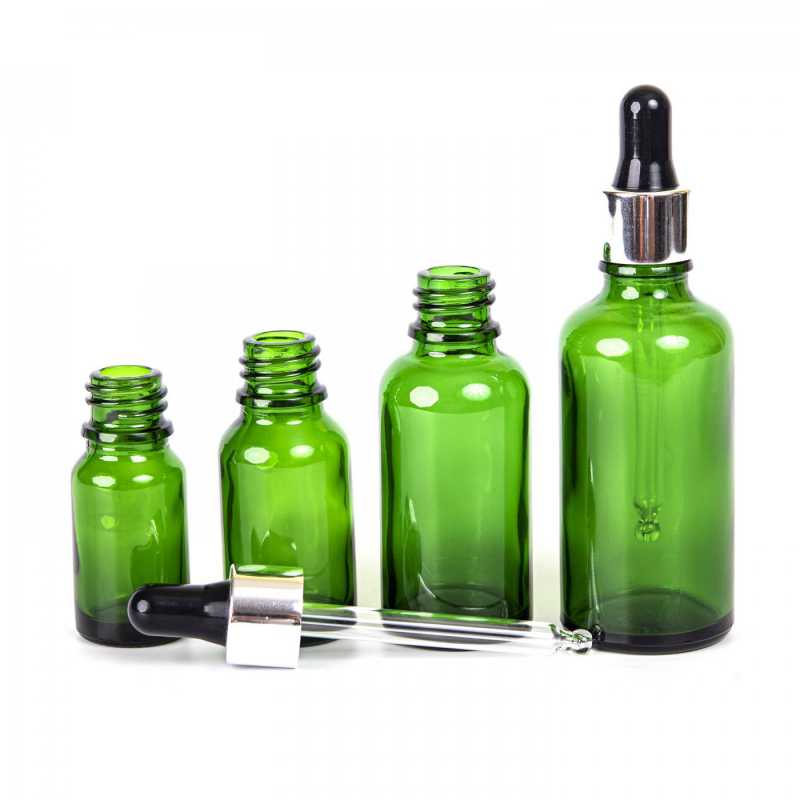 Green Glass Bottle, Silver Black Dropper, 15 ml