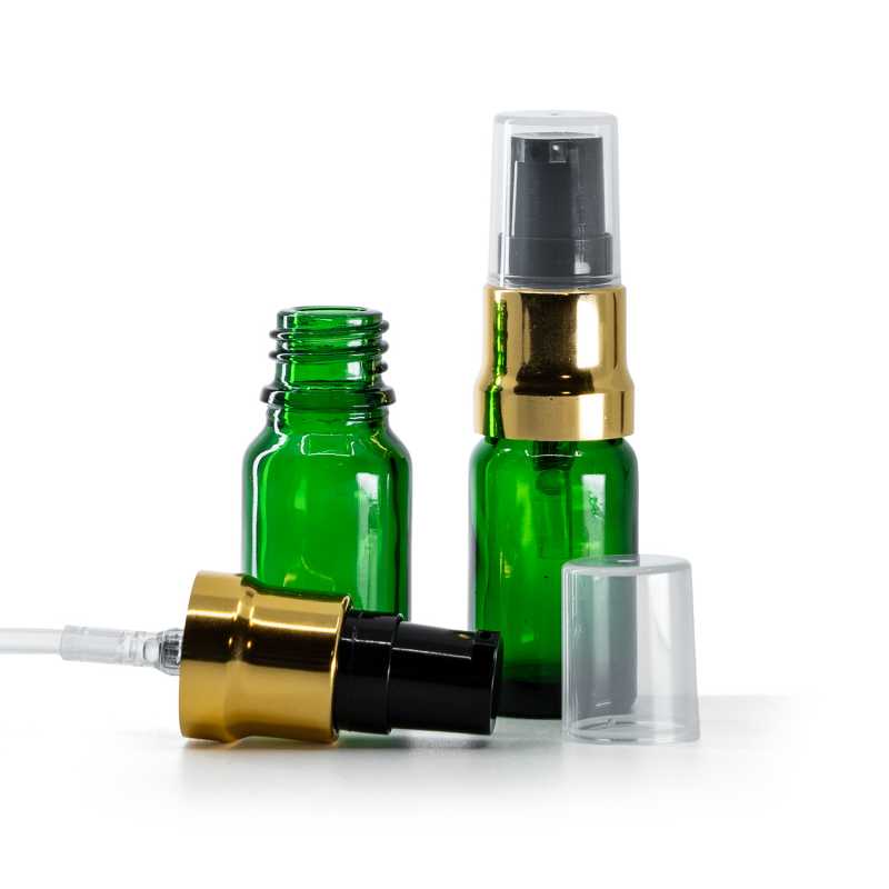 Green Glass Bottle, Glossy Gold Black Pump With Clear Overcap, 10 ml