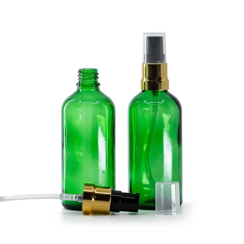 Green Glass Bottle, Glossy Gold Black Pump With Clear Overcap, 100 ml