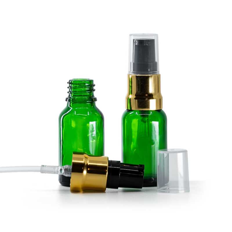 Green Glass Bottle, Glossy Gold Black Pump With Clear Overcap, 15 ml