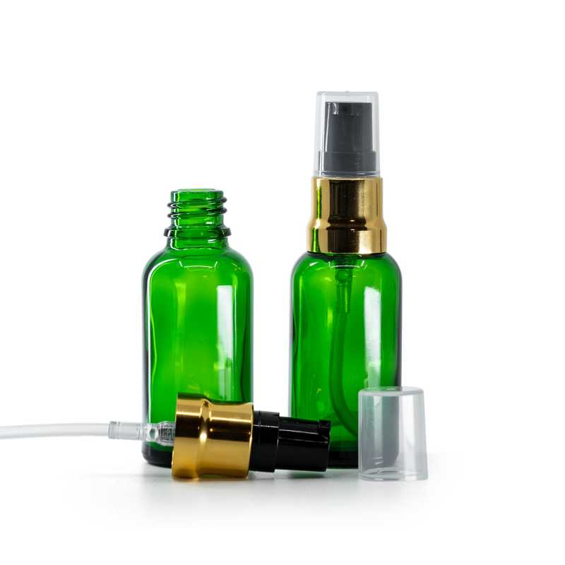 Green Glass Bottle, Glossy Gold Black Pump With Clear Overcap, 30 ml