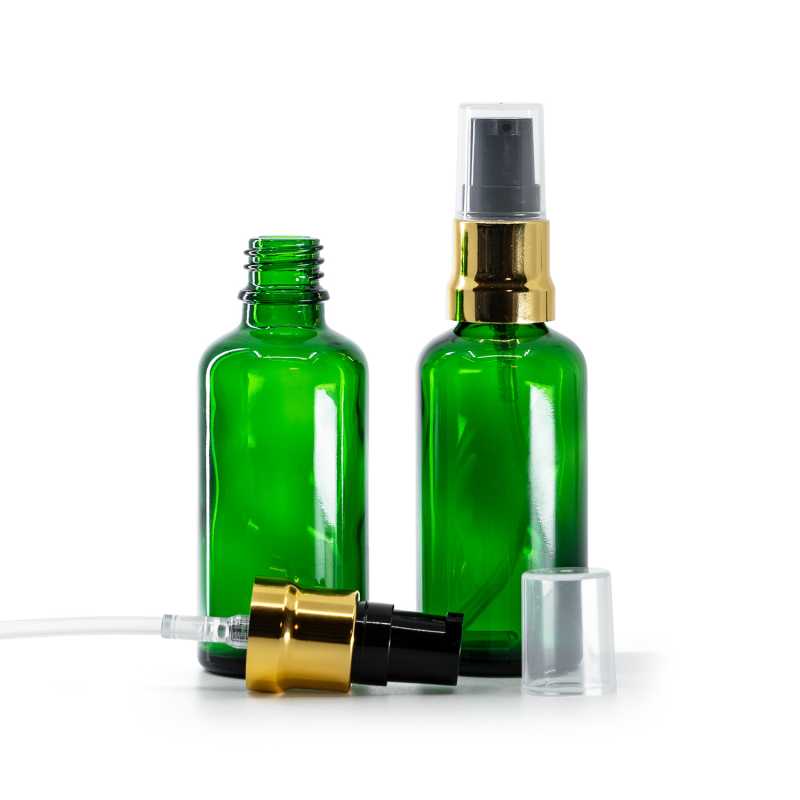 Green Glass Bottle, Glossy Gold Black Pump With Clear Overcap, 50 ml