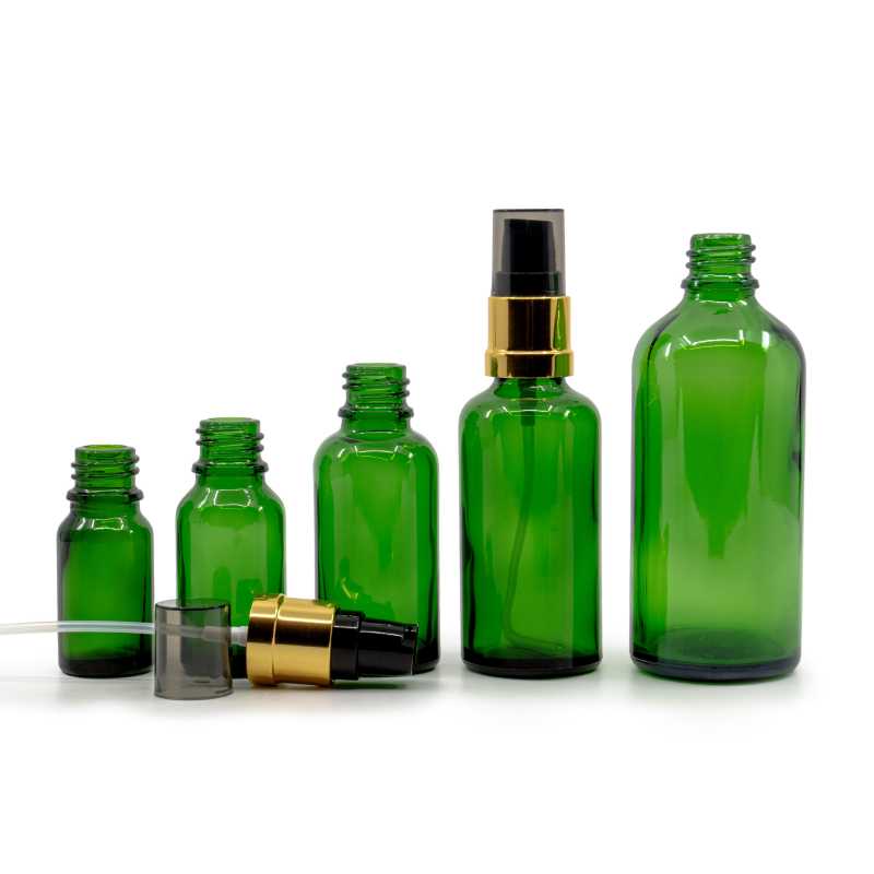 Green Glass Bottle, Glossy Golden Black Pump, 15 ml