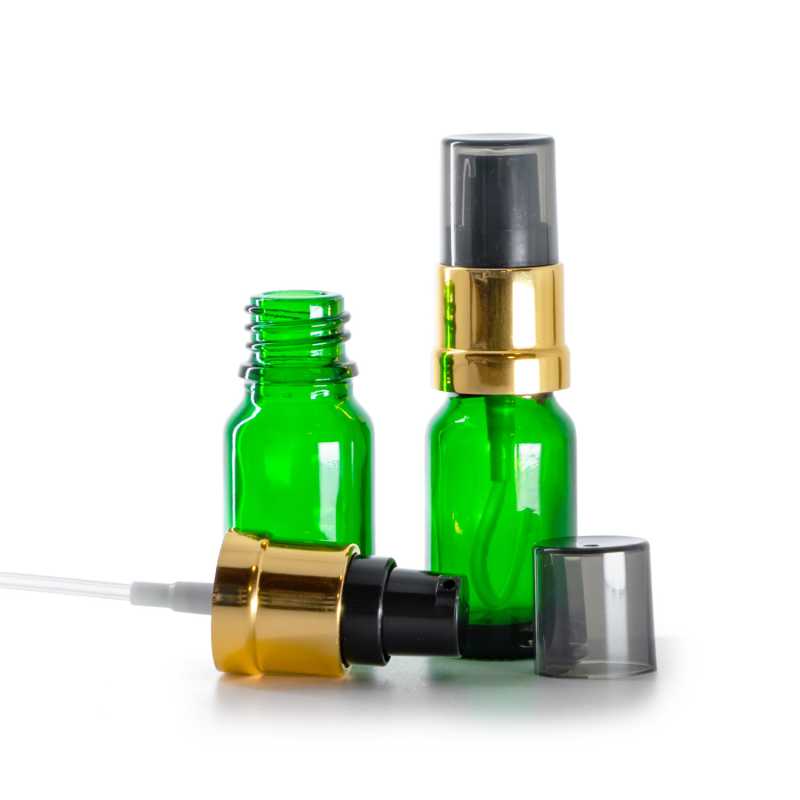 Green Glass Bottle, Glossy Golden Black Pump with Smoky Overcap, 10 ml