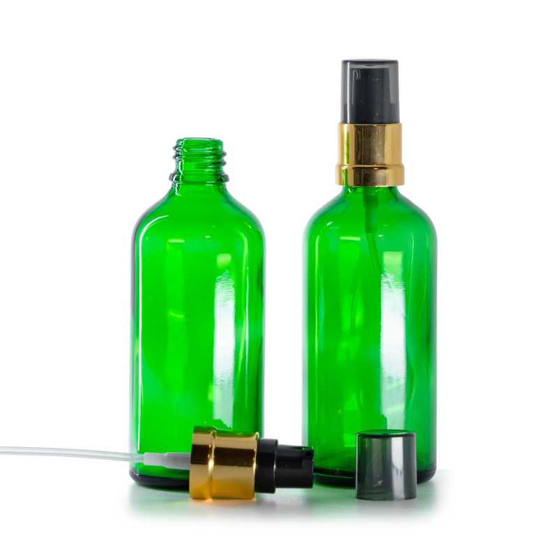 Green Glass Bottle, Glossy Golden Black Pump with Smoky Overcap, 100 ml