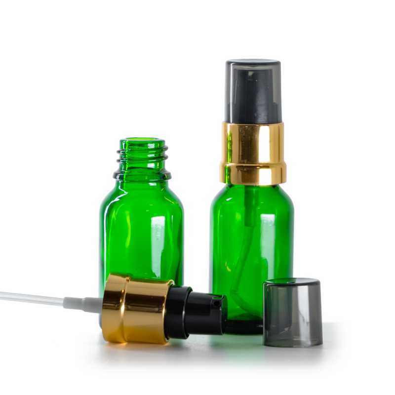Green Glass Bottle, Glossy Golden Black Pump with Smoky Overcap, 15 ml