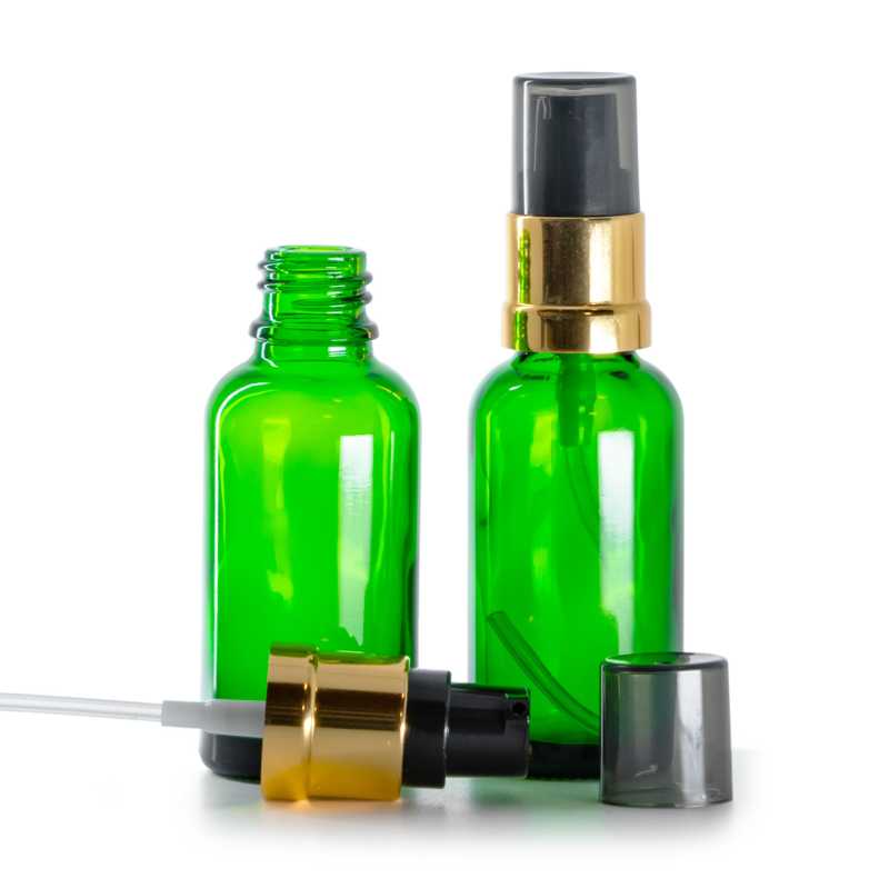Green Glass Bottle, Glossy Golden Black Pump with Smoky Overcap, 30 ml