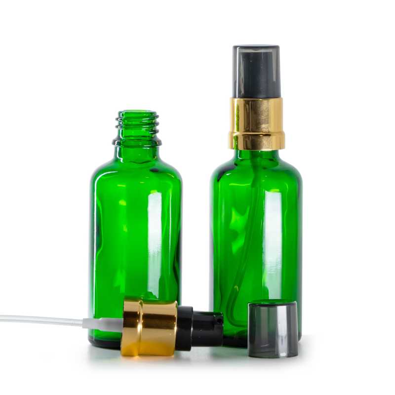 Green Glass Bottle, Glossy Golden Black Pump with Smoky Overcap, 50 ml