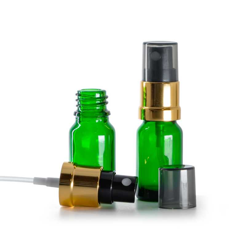 Green Glass Bottle, Glossy Gold Black Spray, Smoky Overcap, 10 ml