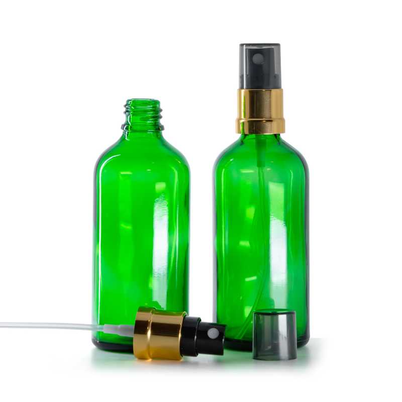 Green Glass Bottle, Glossy Gold Black Spray, Smoky Overcap, 100 ml