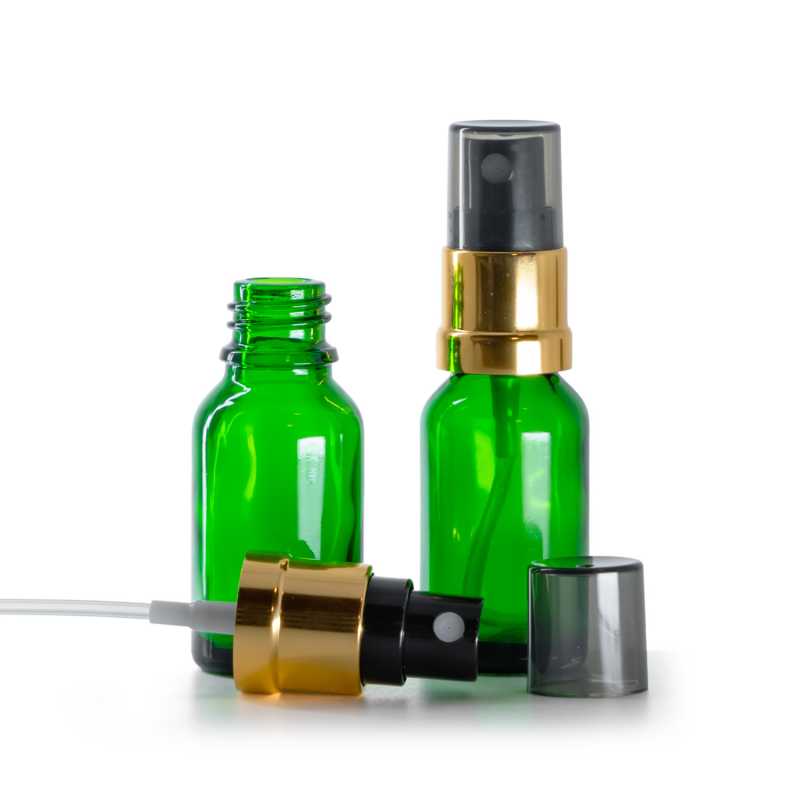 Green Glass Bottle, Glossy Gold Black Spray, Smoky Overcap, 15 ml