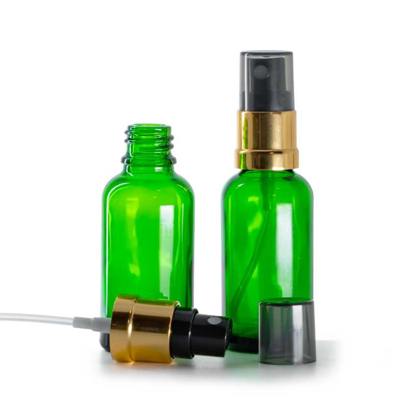 Green Glass Bottle, Glossy Gold Black Spray, Smoky Overcap, 30 ml