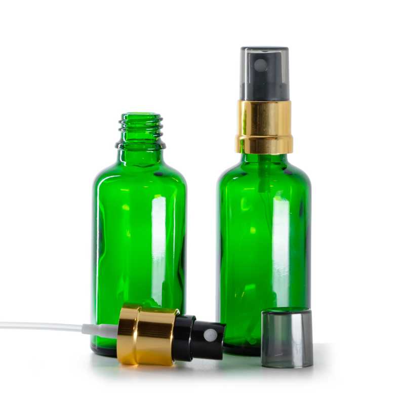 Green Glass Bottle, Glossy Gold Black Spray, Smoky Overcap, 50 ml