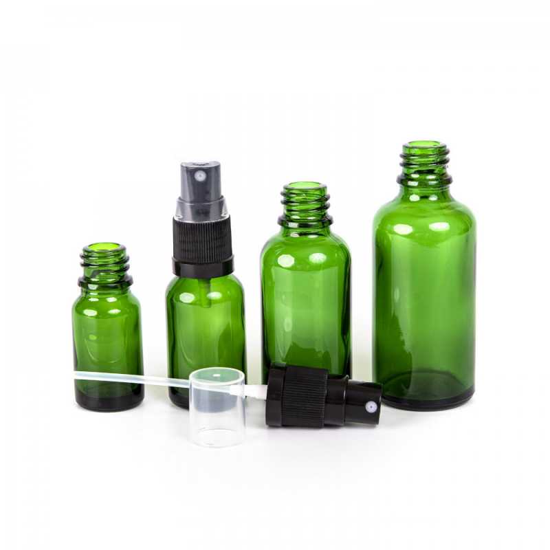 Green Glass Bottle, Black Spray, 15 ml