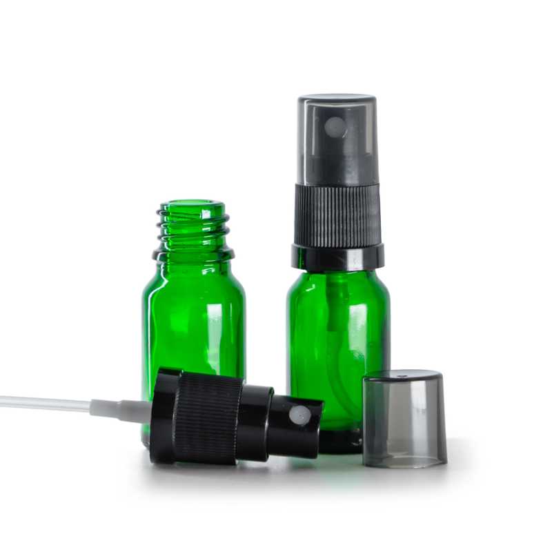 Green Glass Bottle, Black Fine Mist Sprayer, Smoky Overcap, 10 ml