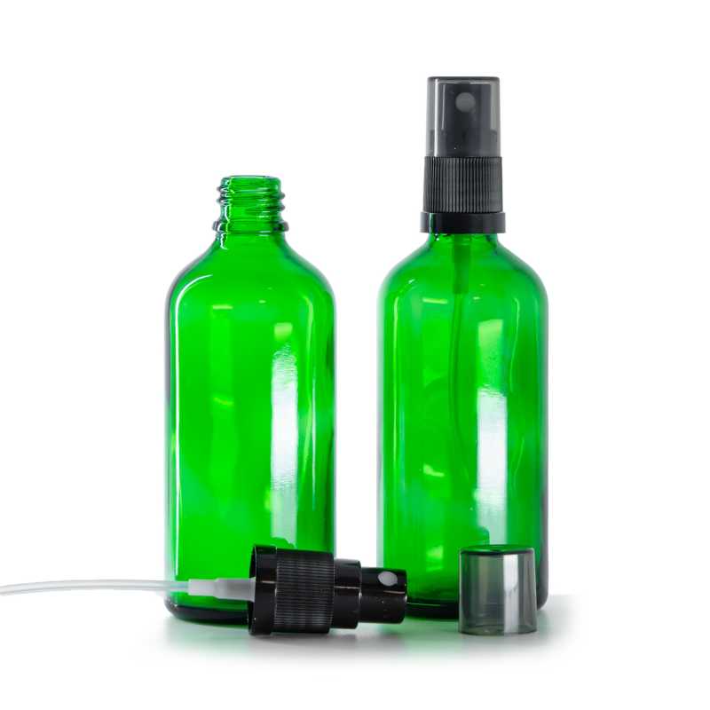 Green Glass Bottle, Black Fine Mist Sprayer, Smoky Overcap, 100 ml