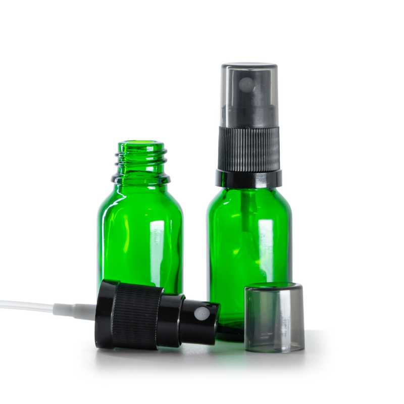 Green Glass Bottle, Black Fine Mist Sprayer, Smoky Overcap, 15 ml