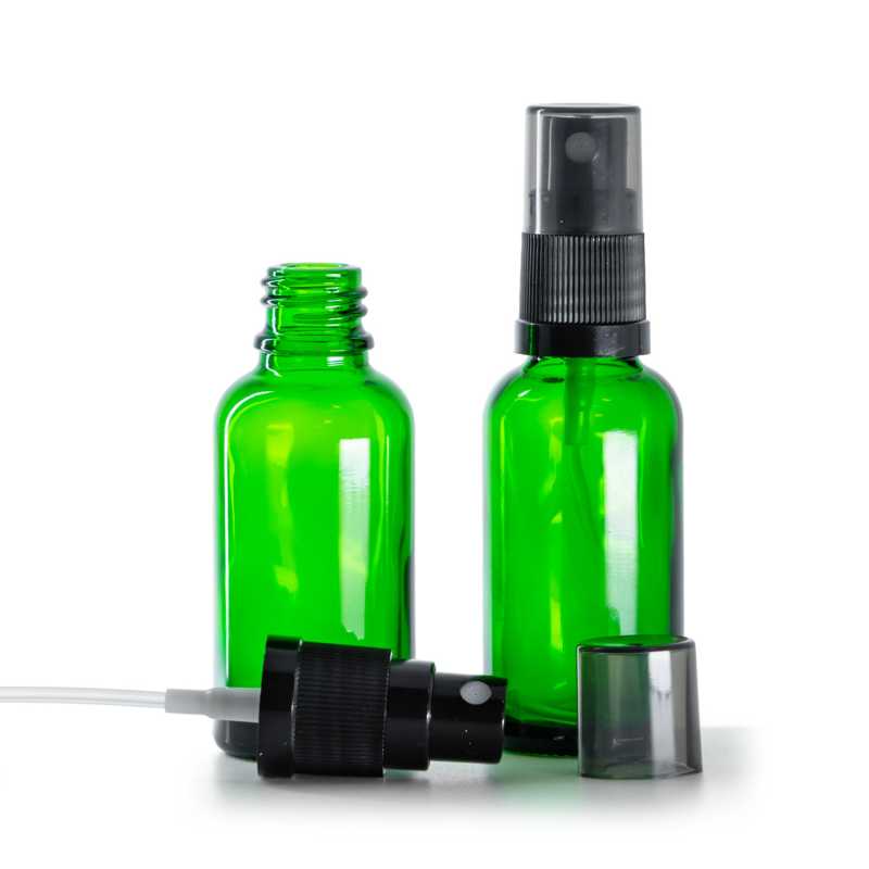 Green Glass Bottle, Black Fine Mist Sprayer, Smoky Overcap, 30 ml