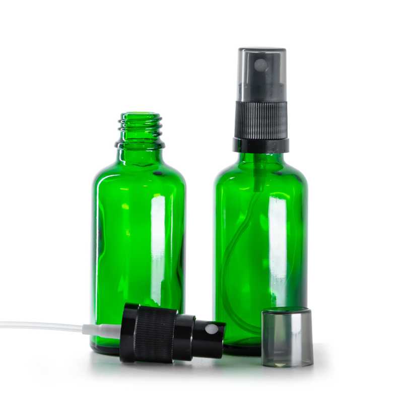 Green Glass Bottle, Black Fine Mist Sprayer, Smoky Overcap, 50 ml