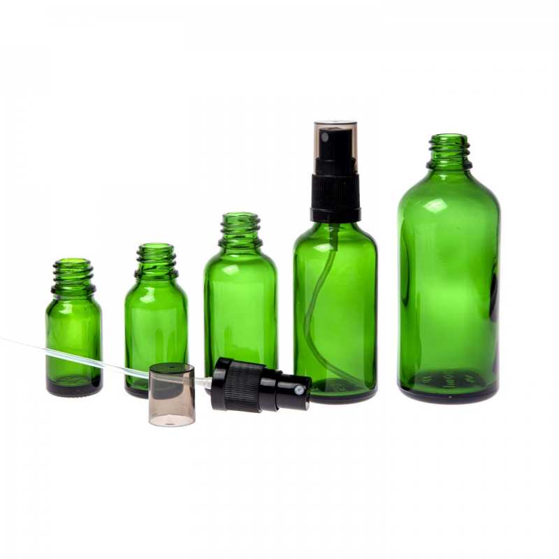 Green Glass Bottle, Black Fine Mist Sprayer, Smoky Overcap, 10 ml