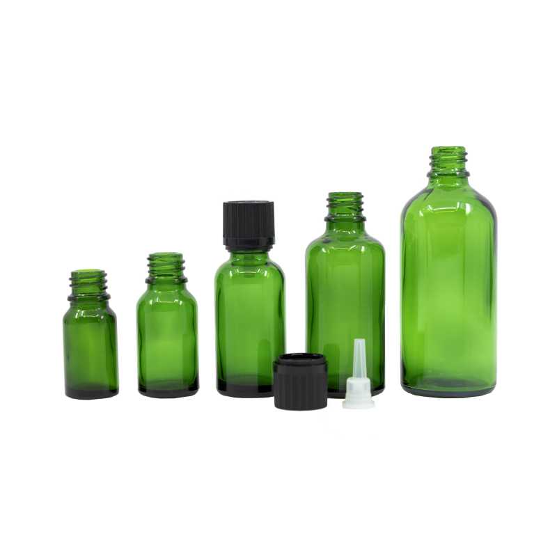 Green Glass Bottle, Black Safety Cap & Dropper 15 ml