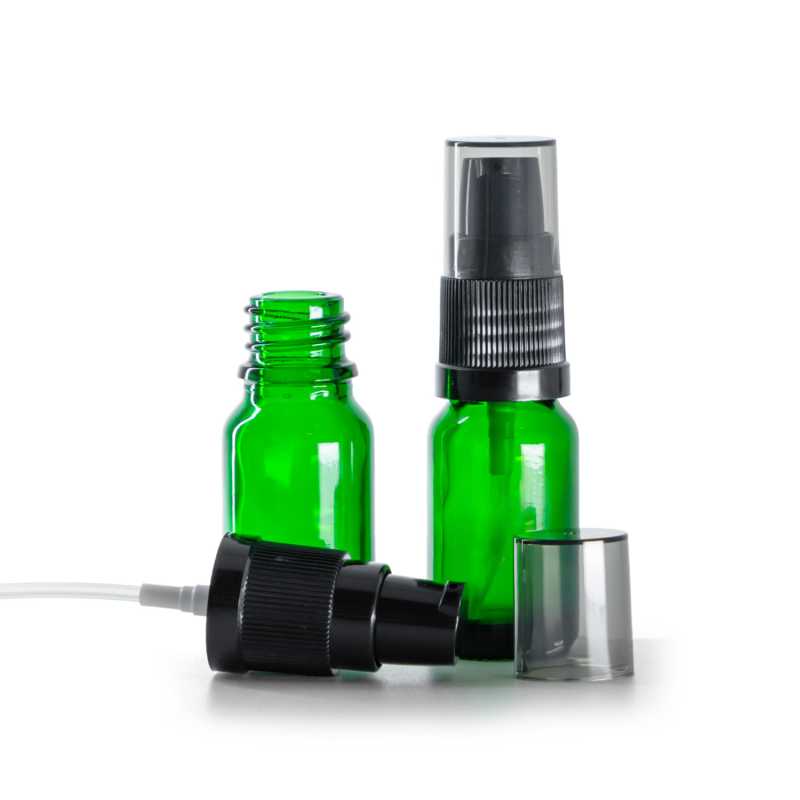 Green Glass Bottle, Black Lotion Pump with Smoky Overcap, 10 ml