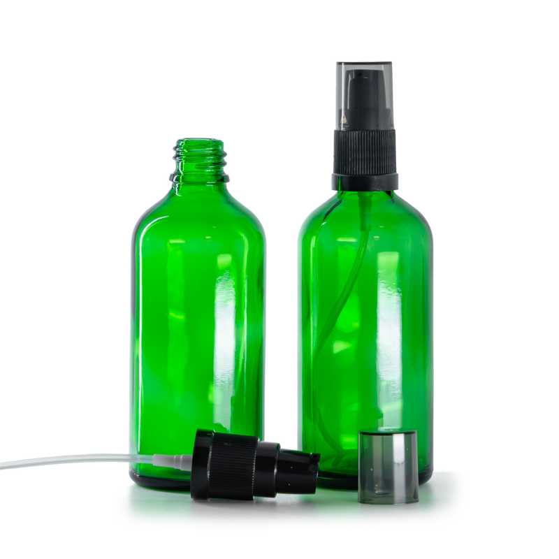 Green Glass Bottle, Black Lotion Pump with Smoky Overcap, 100 ml
