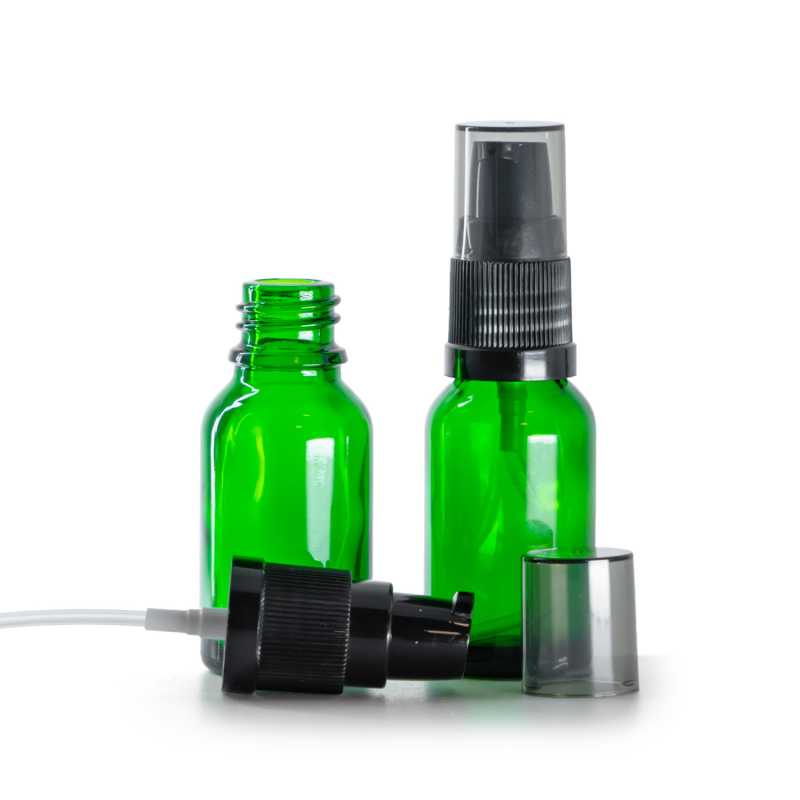 Green Glass Bottle, Black Lotion Pump with Smoky Overcap, 15 ml
