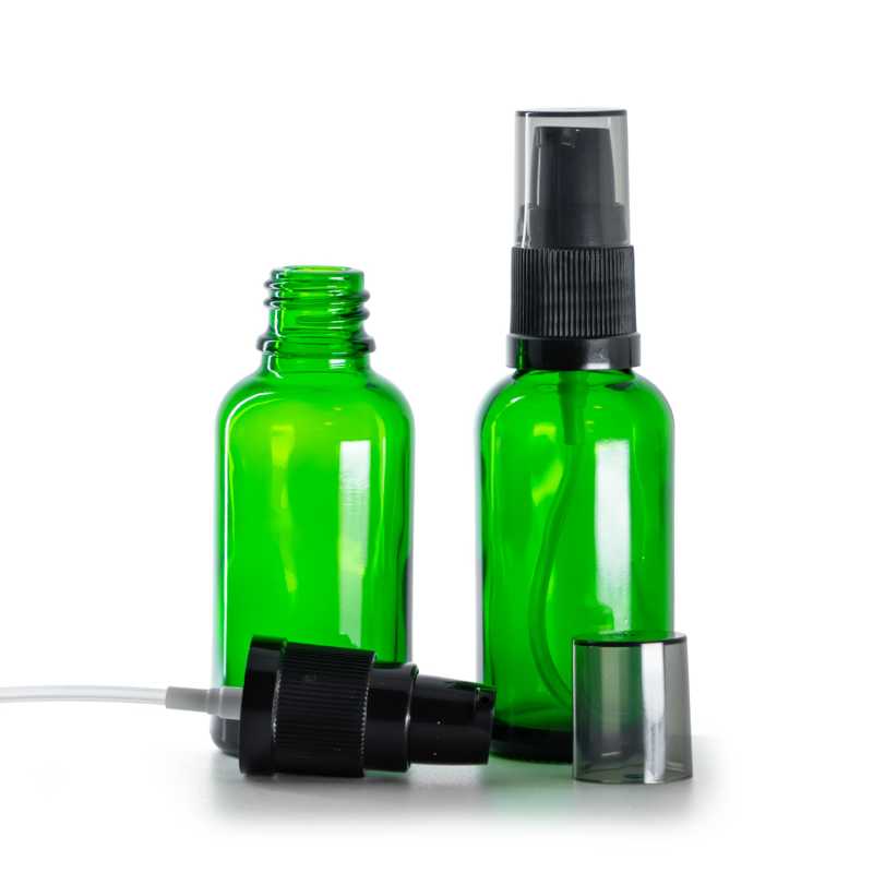 Green Glass Bottle, Black Lotion Pump with Smoky Overcap, 30 ml