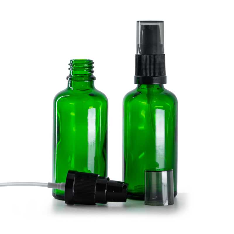 Green Glass Bottle, Black Lotion Pump with Smoky Overcap, 50 ml