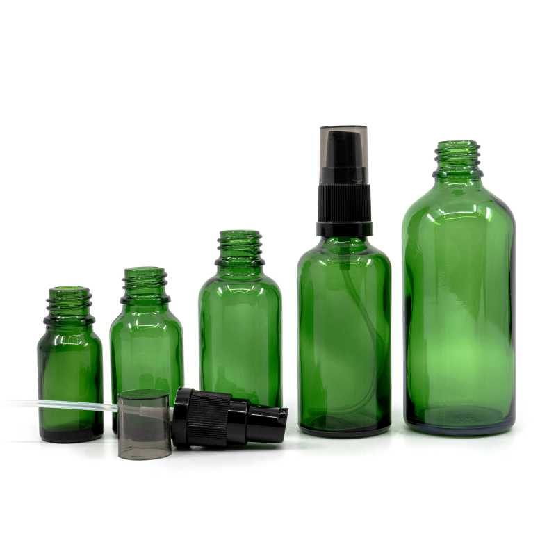Green Glass Bottle, Black Lotion Pump with Smokey Overcap, 15 ml