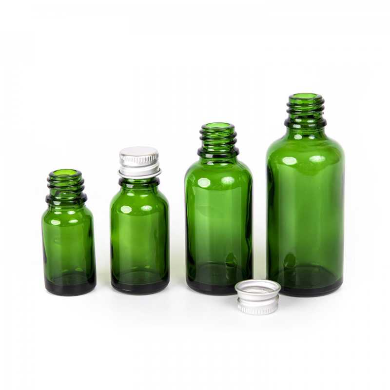 Green Glass Bottle, Silver Aluminium Cap, 10 ml