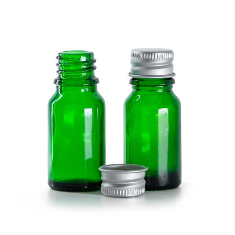 Green Glass Bottle, Silver Aluminium Cap, 10 ml
